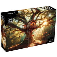 1000-piece jigsaw puzzle box with treehouse in sunlit forest and string lights