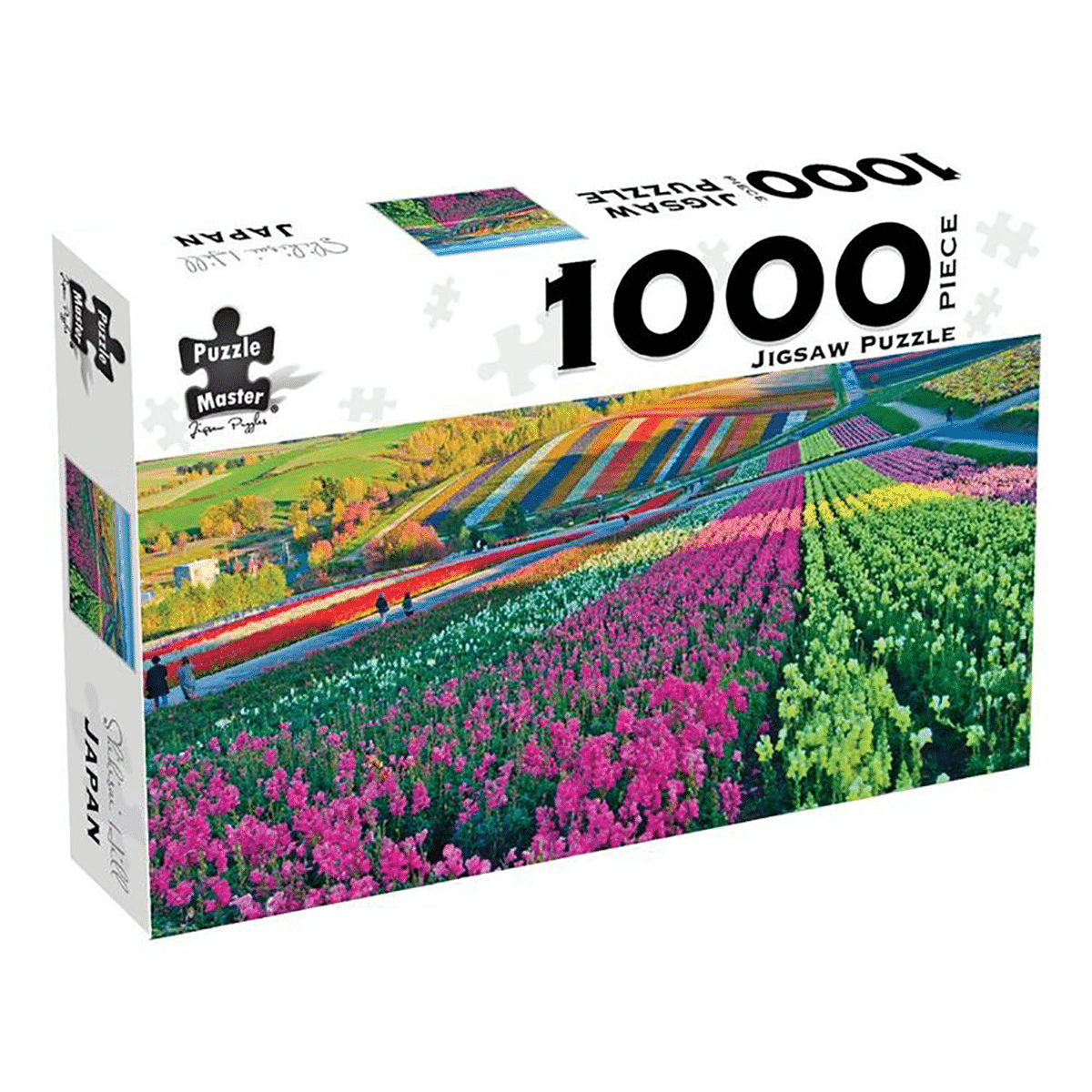 1000-piece jigsaw puzzle box with colorful flower fields landscape