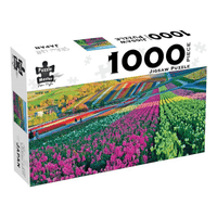 1000-piece jigsaw puzzle box with colorful flower fields landscape
