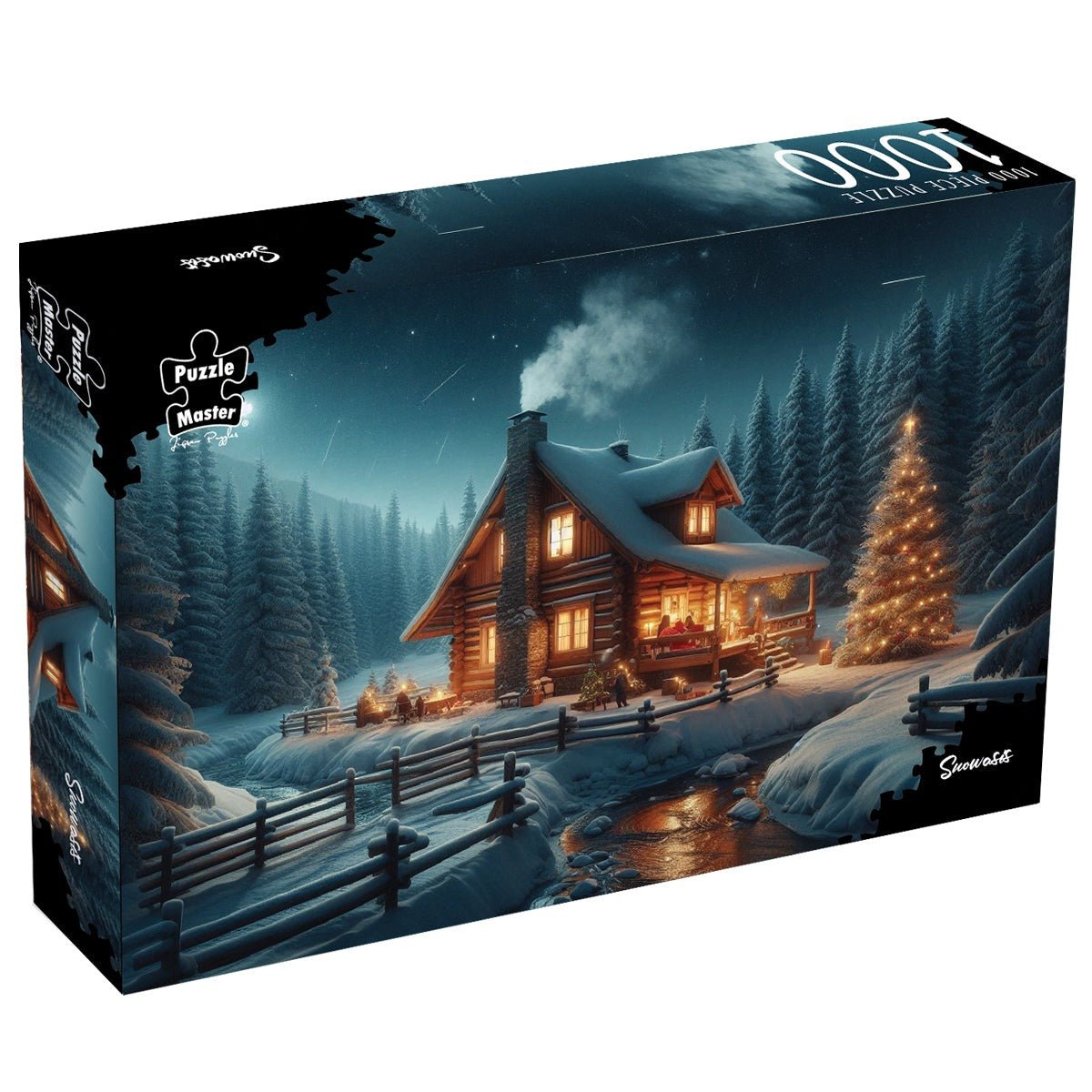 1000-piece puzzle box with snowy cabin scene and forest trees, winter lights
