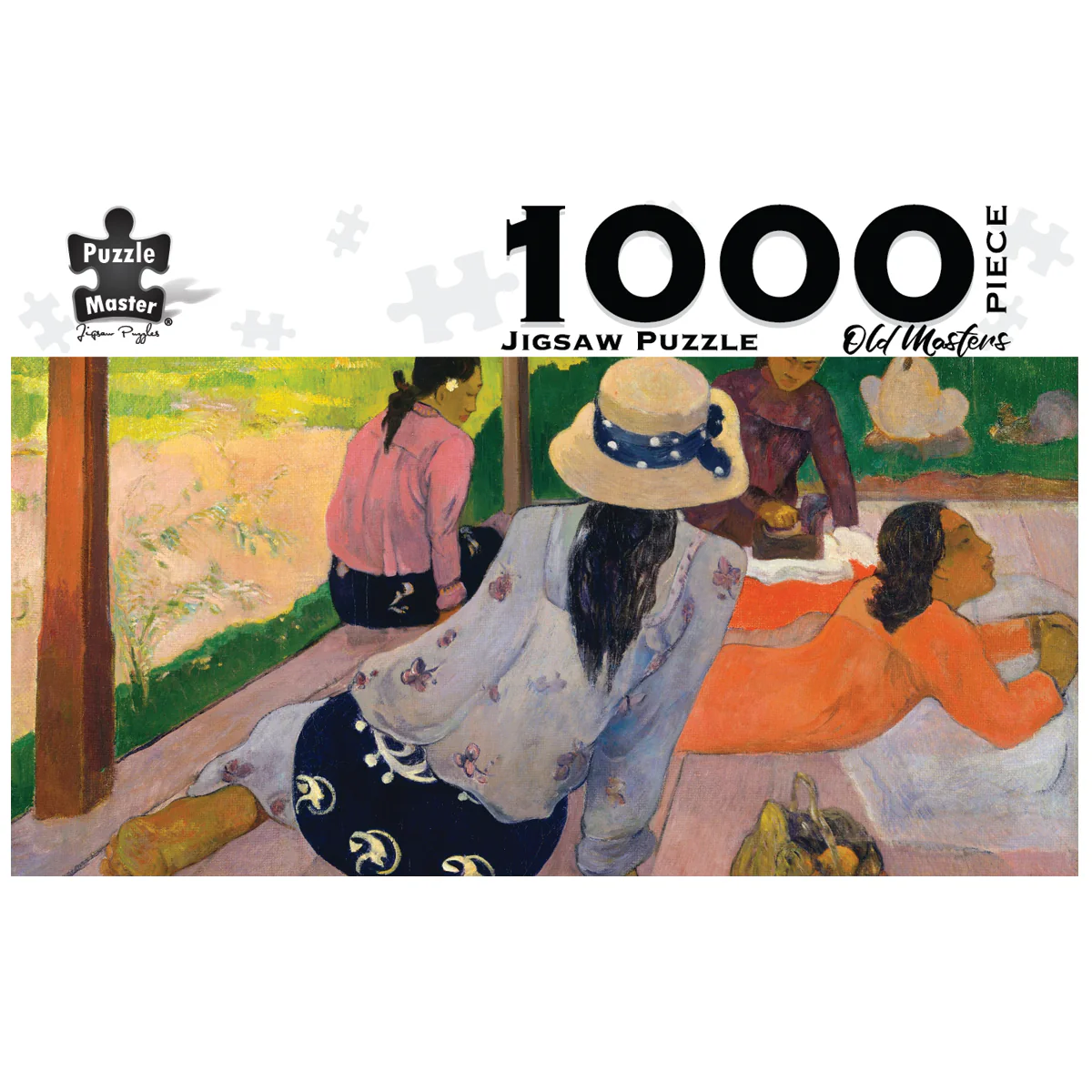 1000-piece jigsaw puzzle with colorful scene of seated woman, two figures, and hat
