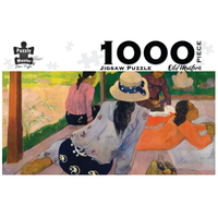 1000-piece jigsaw puzzle with colorful scene of seated woman, two figures, and hat
