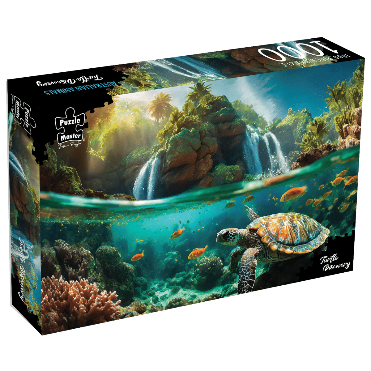 1000-piece jigsaw puzzle box featuring a sea turtle underwater near a waterfall