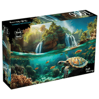 1000-piece jigsaw puzzle box featuring a sea turtle underwater near a waterfall
