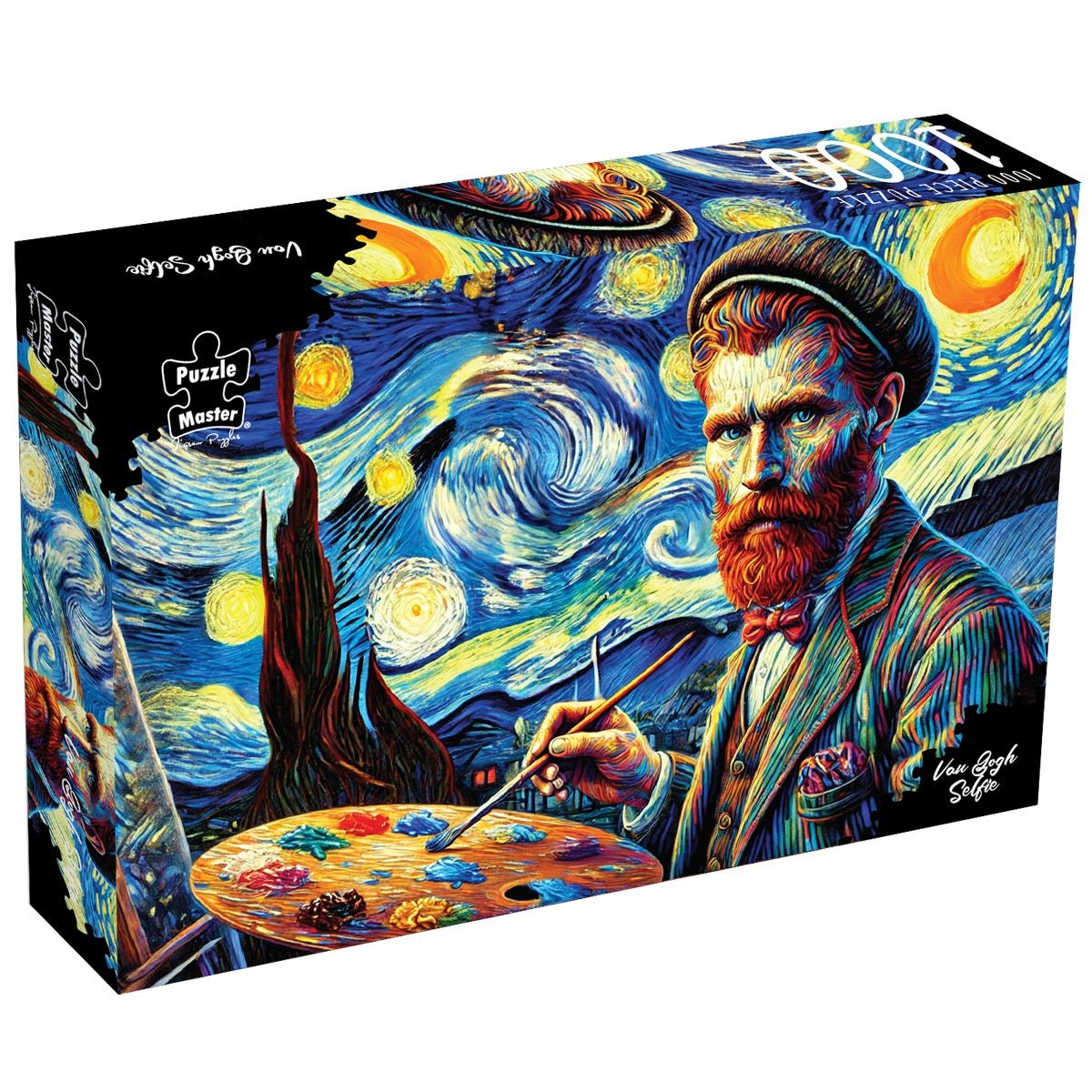 1000-piece jigsaw puzzle box with Van Gogh-style painter and starry night artwork