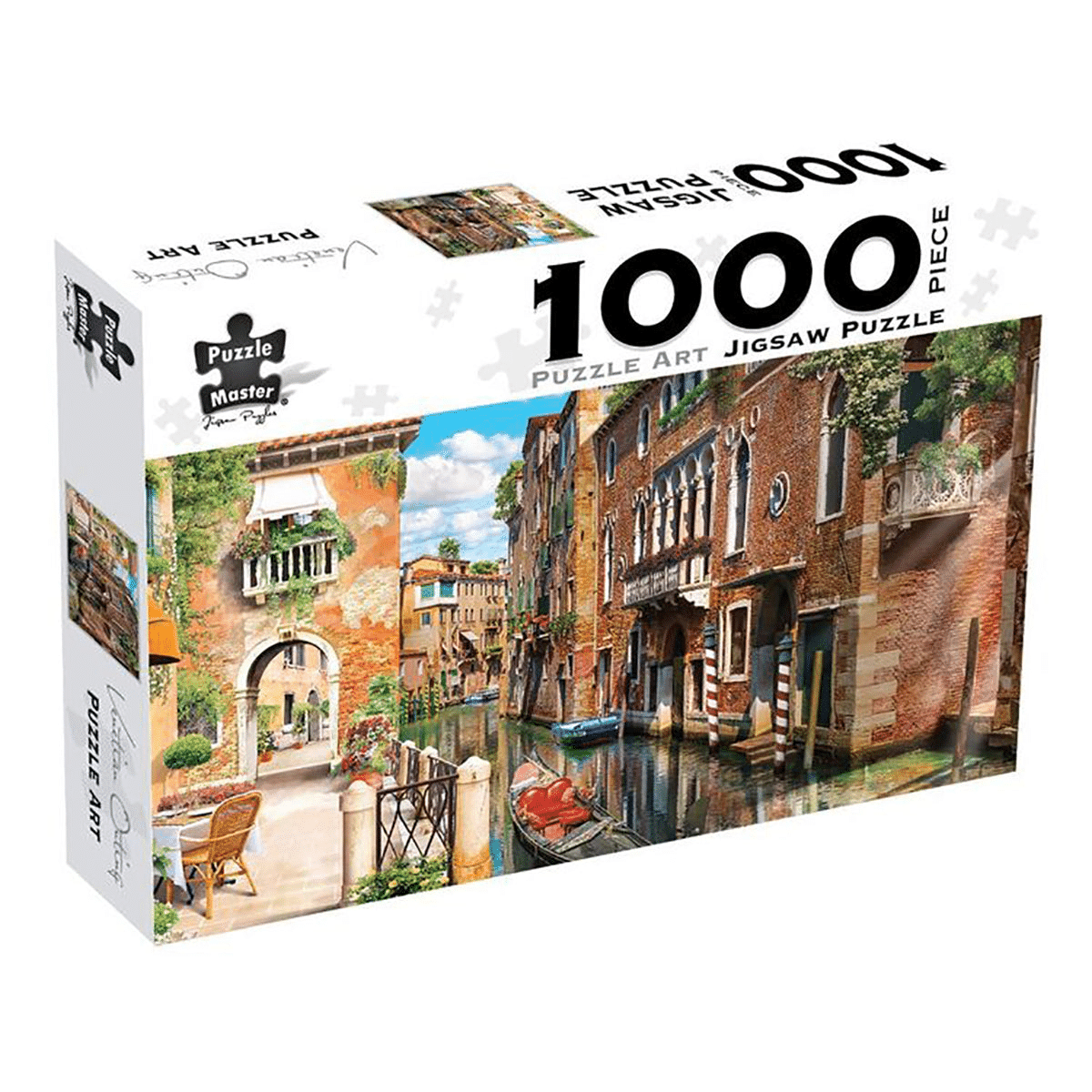 1000-piece jigsaw puzzle with box showing Venetian canal and brick buildings