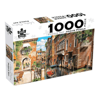 1000-piece jigsaw puzzle with box showing Venetian canal and brick buildings