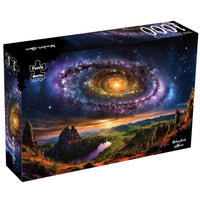 1000-piece jigsaw puzzle box with galaxy scene and landscape at dusk