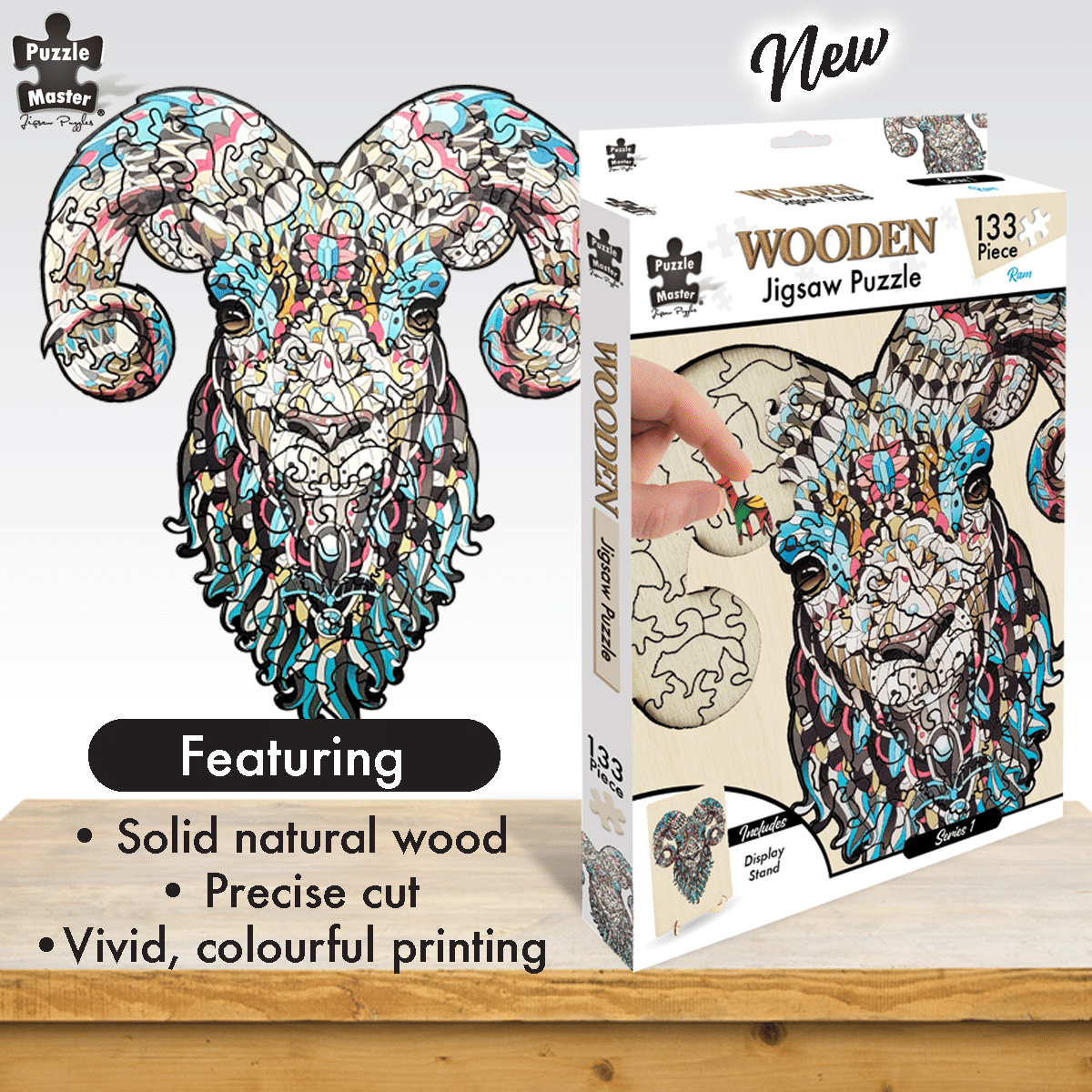 Wooden ram jigsaw puzzle with colorful contour line artwork, 133 pieces