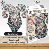 Wooden ram jigsaw puzzle with colorful contour line artwork, 133 pieces