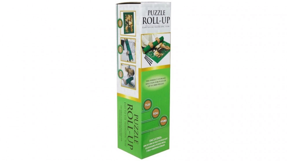 Puzzle roll-up storage system box with graphic puzzle pieces and instructions