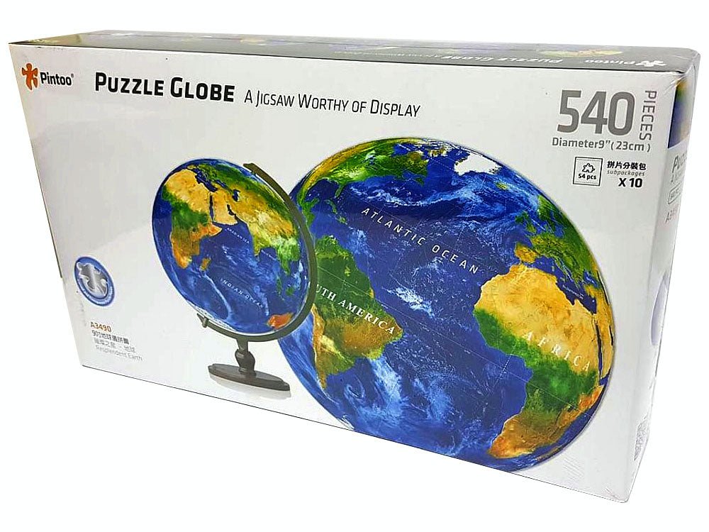 Jigsaw puzzle box showing 540-piece globe, blue oceans and green-brown landmasses