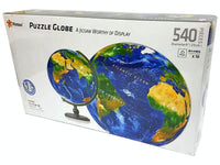 Jigsaw puzzle box showing 540-piece globe, blue oceans and green-brown landmasses