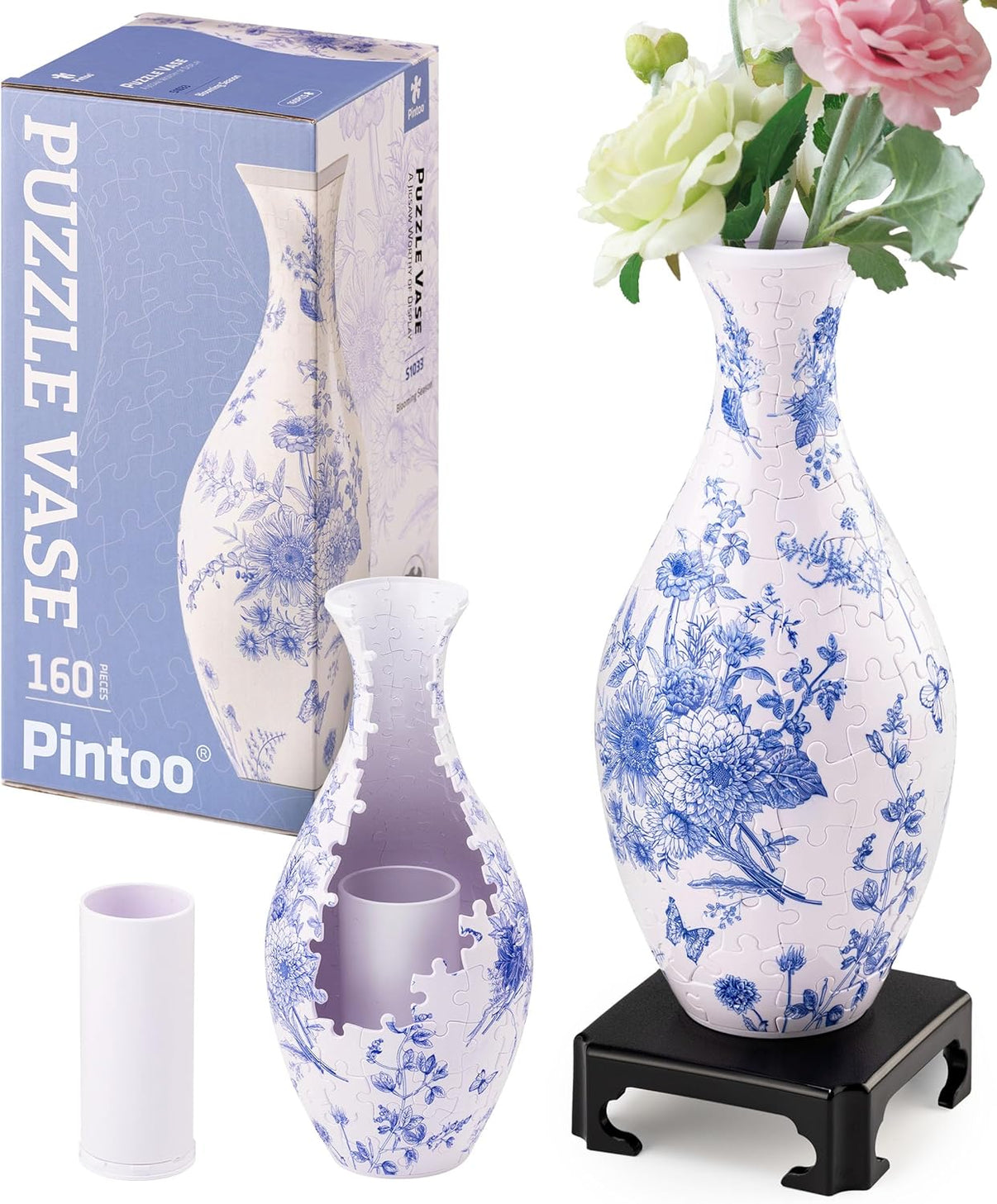 Boxed 3D jigsaw puzzle vase with blue floral print, plus a matching tube