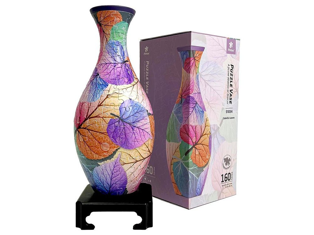 Pintoo 3D jigsaw puzzle vase with colorful leaf pattern, 160 pieces in box
