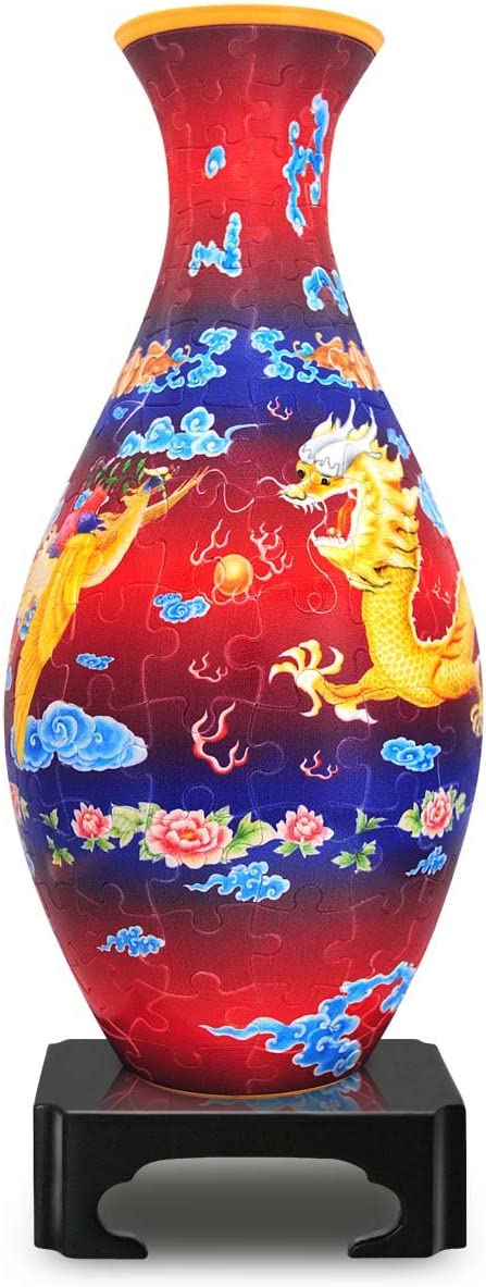 Decorative puzzle vase with dragon and phoenix motif, red blue floral pattern