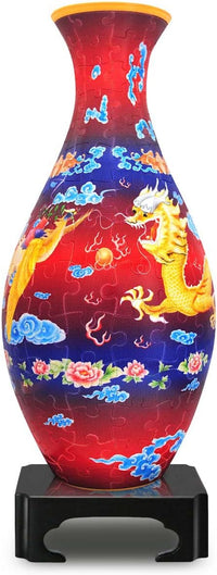 Decorative puzzle vase with dragon and phoenix motif, red blue floral pattern