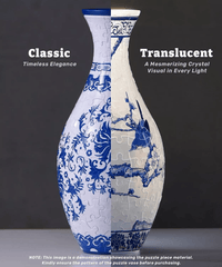 Puzzle vase jigsaw puzzle piece set in blue-and-white floral pattern, translucent look