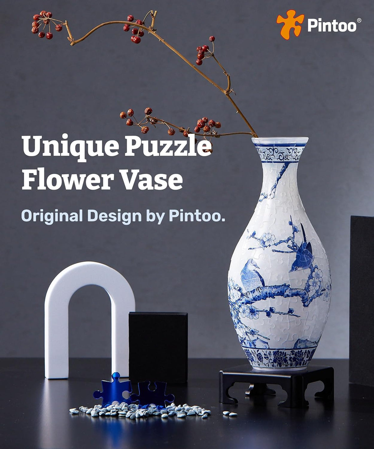 Puzzle flower vase with blue bird-and-branch print, Pintoo logo on box