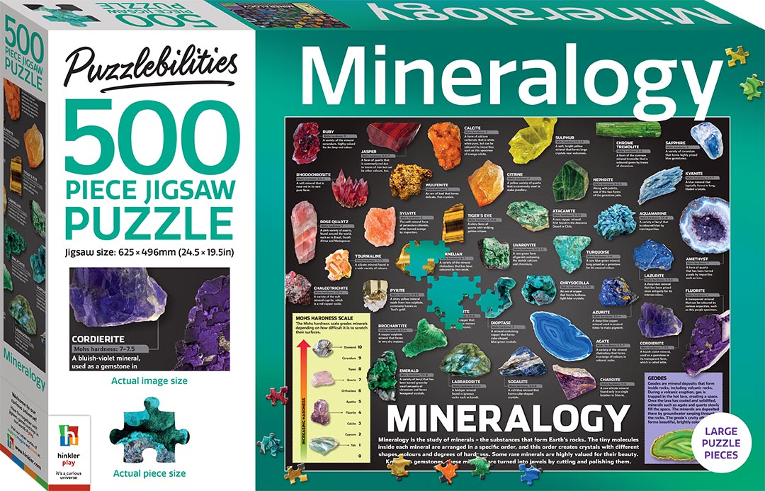 Puzzlebilities Mineralogy 500-piece jigsaw puzzle box with mineral images and label