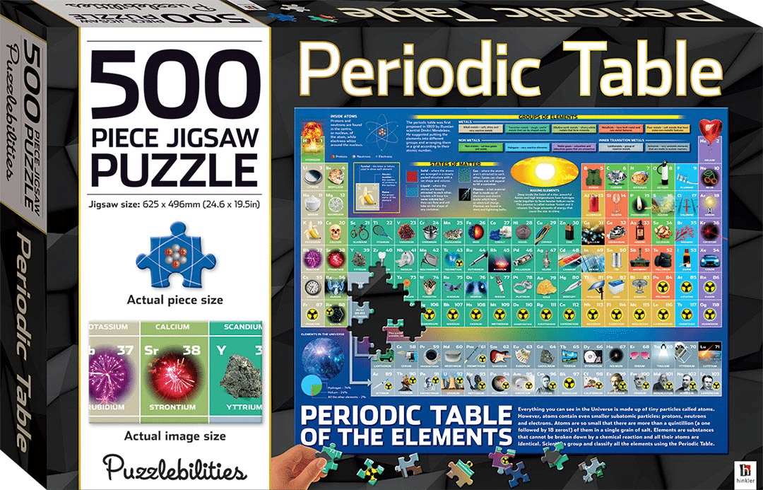 Periodic table 500-piece jigsaw puzzle box with element grid and title text