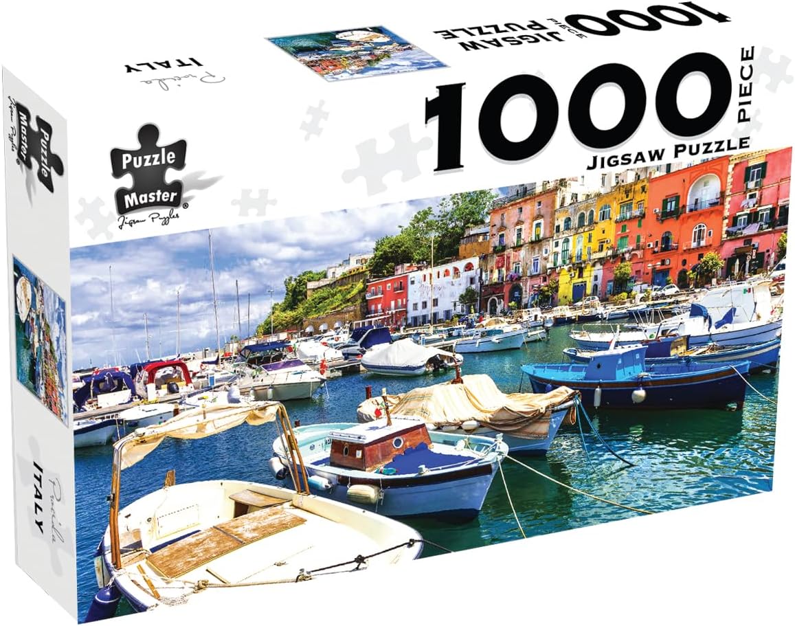 1000-piece jigsaw puzzle box showing harbor boats and colorful buildings