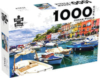1000-piece jigsaw puzzle box showing harbor boats and colorful buildings