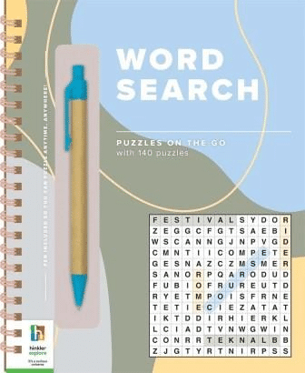 Spiral-bound word search puzzle book with attached pen and cover title 'Word Search'