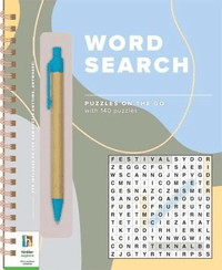 Spiral-bound word search puzzle book with attached pen and cover title 'Word Search'
