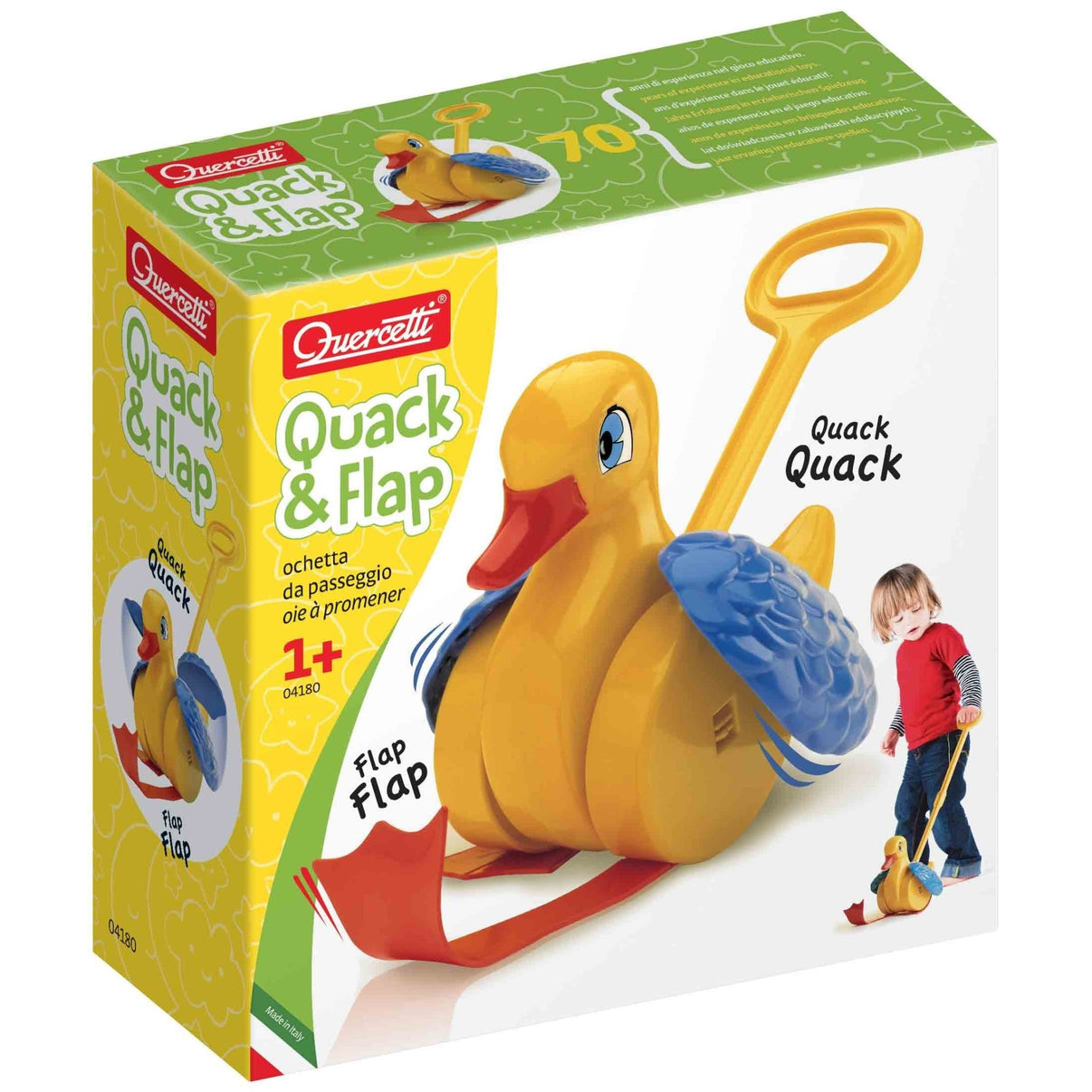 Quercetti Quack & Flap duck toy in green-and-white box with yellow handle.