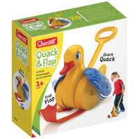 Quercetti Quack & Flap duck toy in green-and-white box with yellow handle.
