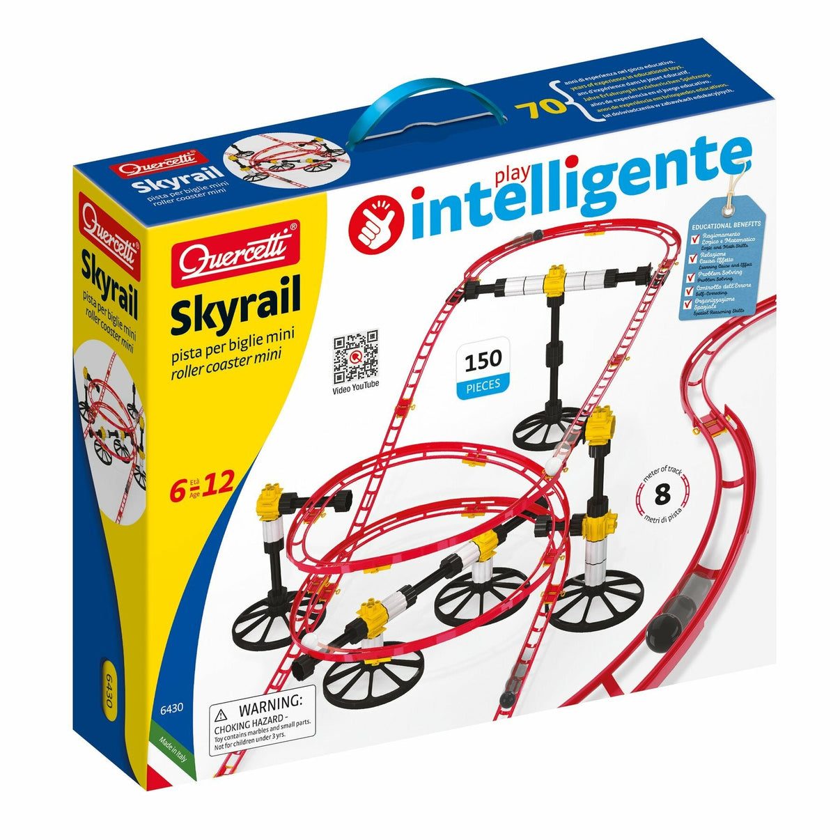 Quercetti roller coaster marble run set box with red and yellow track, 150 pieces
