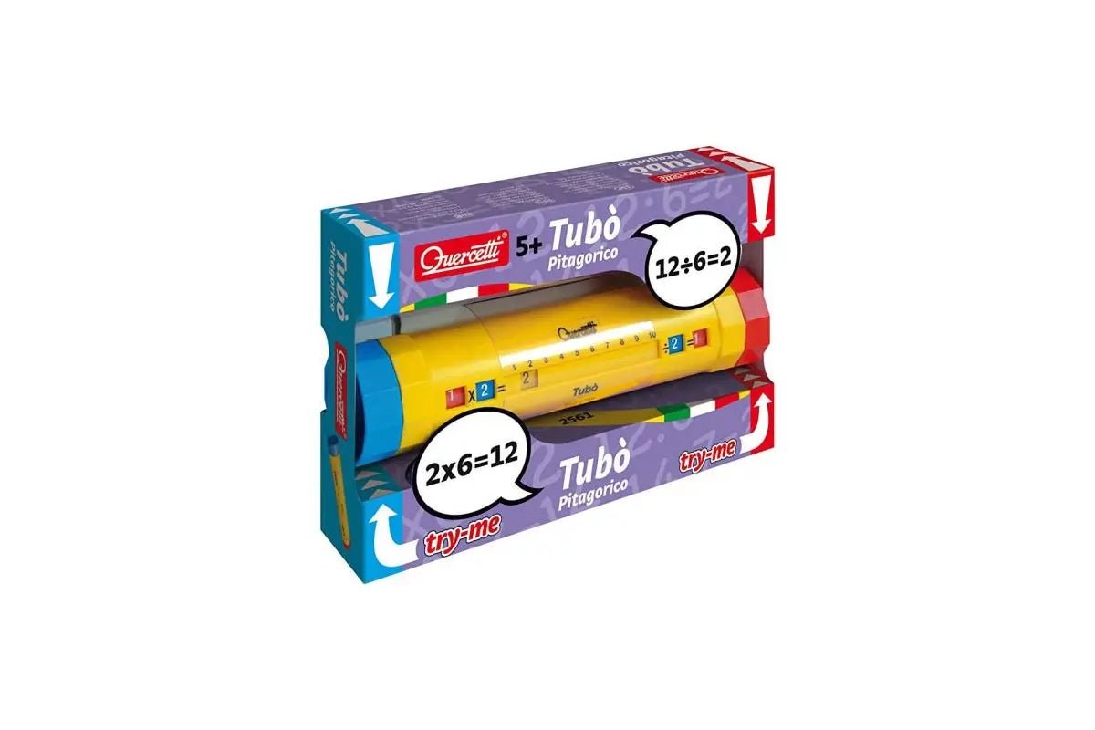 Quercetti table tube game box showing yellow tube with blue end caps
