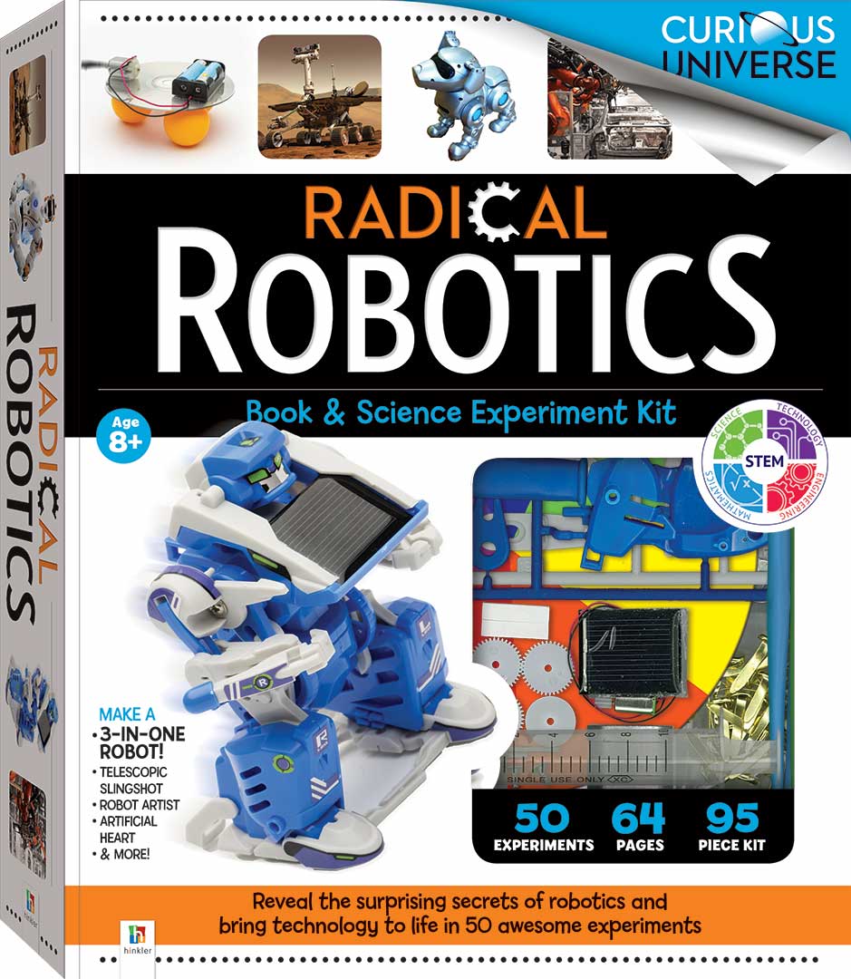 Science experiment kit box with blue robot build pieces and 50 experiments