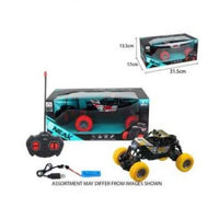 1:18 RC off-road truck with controller, charging cable, and yellow wheels