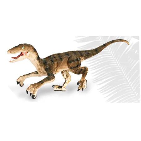 Brown dinosaur raptor RC toy with blue eyes, small moving legs