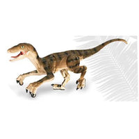 Brown dinosaur raptor RC toy with blue eyes, small moving legs