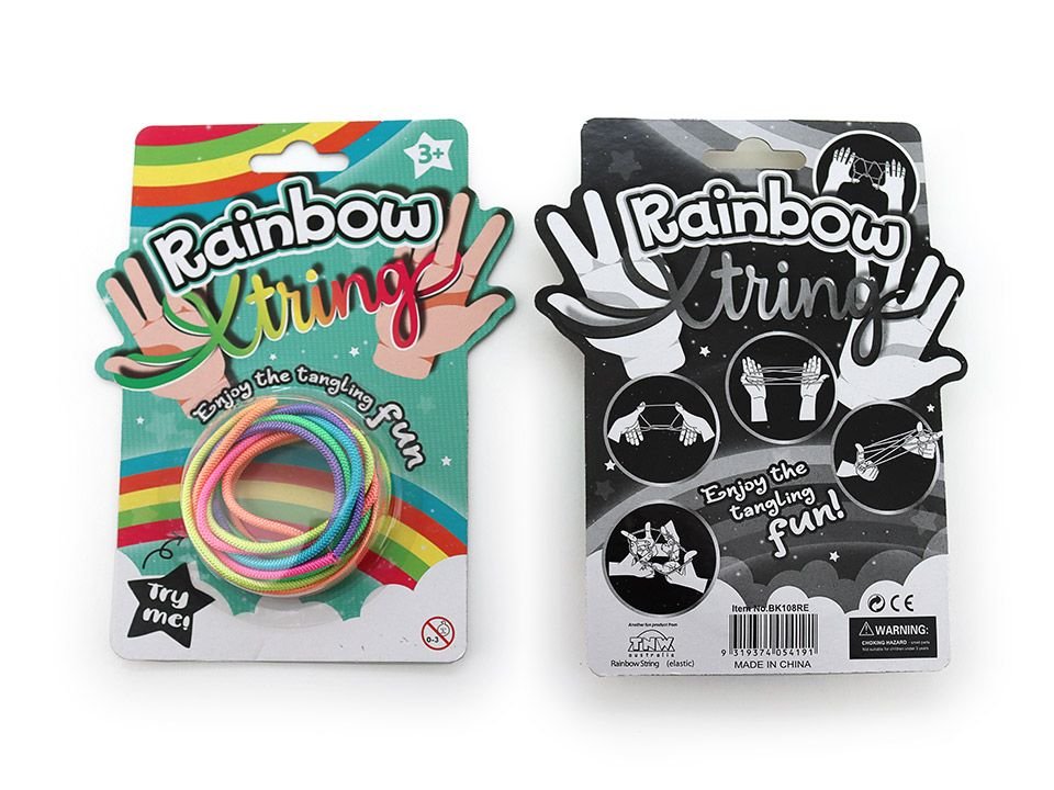 Rainbow String game set in a colorful rainbow elastic loop with hanging card