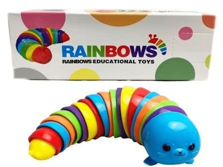 Rainbow plush caterpillar toy with blue seal head and multicolor striped body