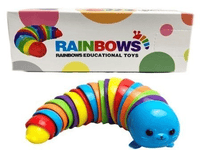 Rainbow plush caterpillar toy with blue seal head and multicolor striped body