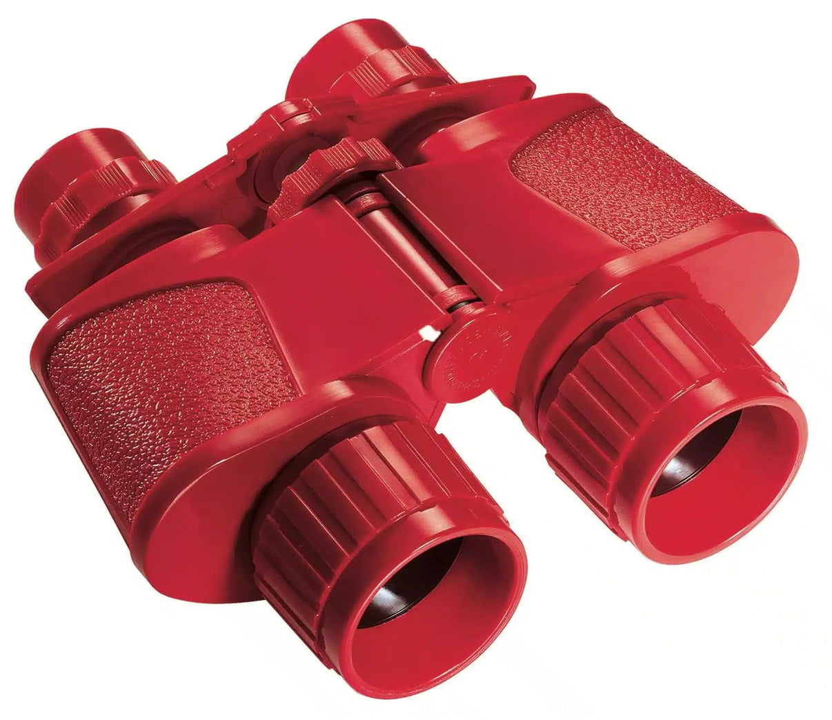 Red binoculars with textured grip and two large objective lenses