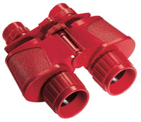 Red binoculars with textured grip and two large objective lenses