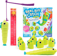 Game set with purple fishing pole, green fish stacker pieces, red ruler, and box.