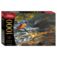 1000-piece jigsaw puzzle box with blue-and-orange bird by a stream illustration