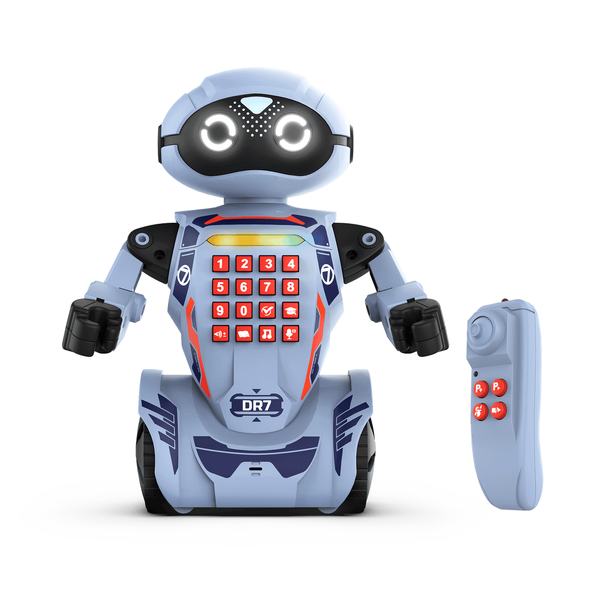 Educational programmable robot with wheeled body, glowing eyes, and front keypad display