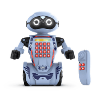 Educational programmable robot with wheeled body, glowing eyes, and front keypad display