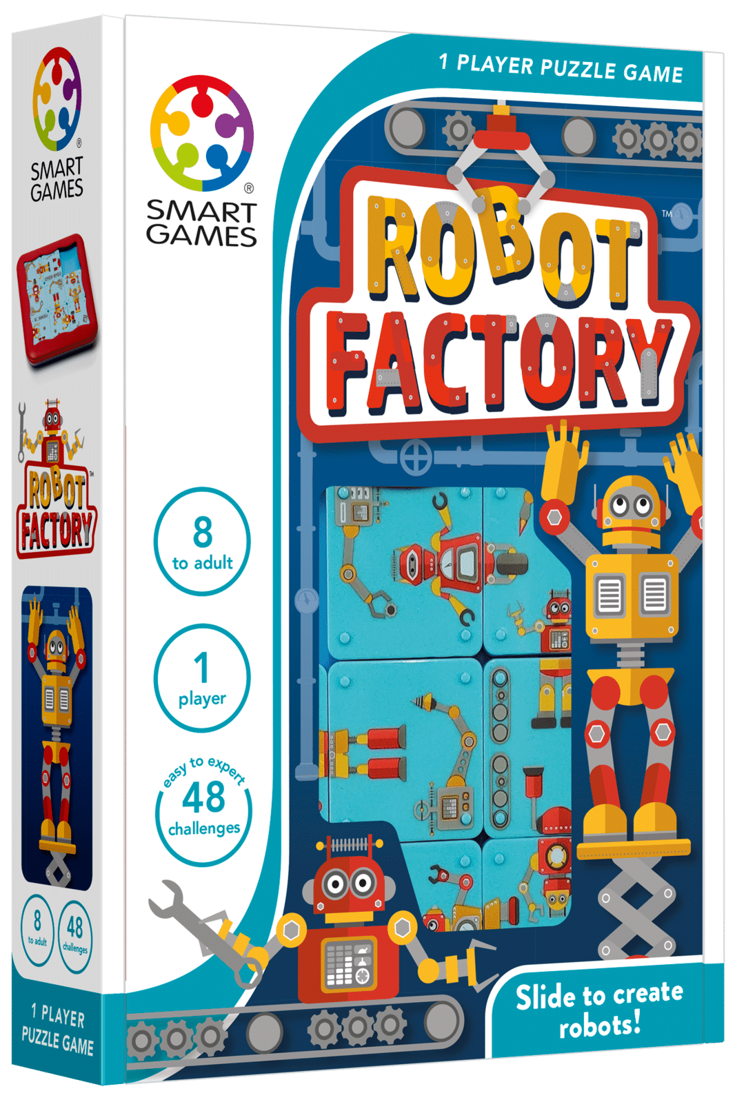 Robot Factory 1-player puzzle game box with robot board and slide-to-create graphics.