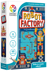 Robot Factory 1-player puzzle game box with robot board and slide-to-create graphics.