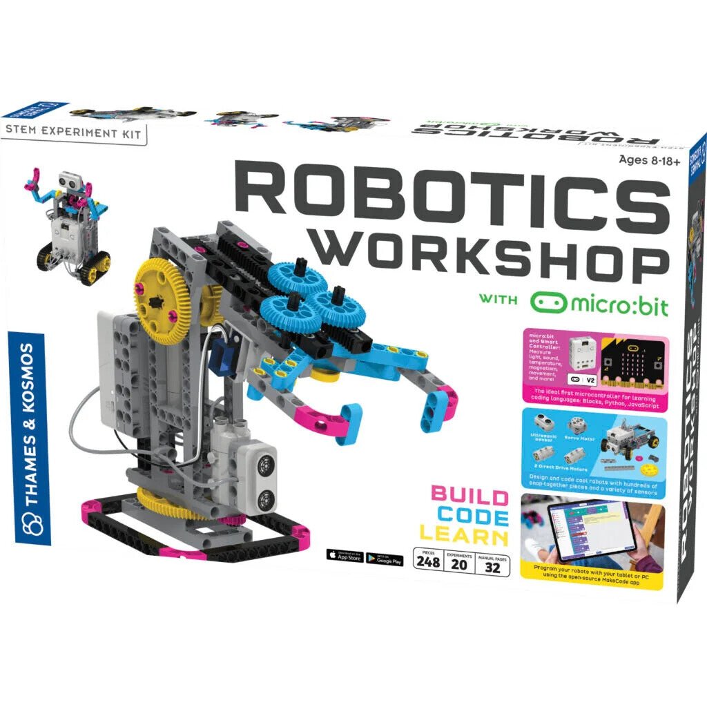 Robotics workshop kit retail box with pictured model and Micro:bit electronics set.