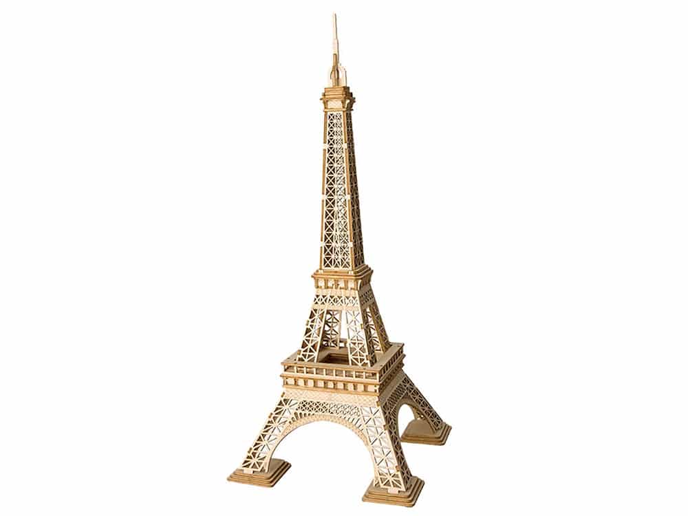 Wooden 3D Eiffel Tower model kit, tan laser-cut pieces and arched base